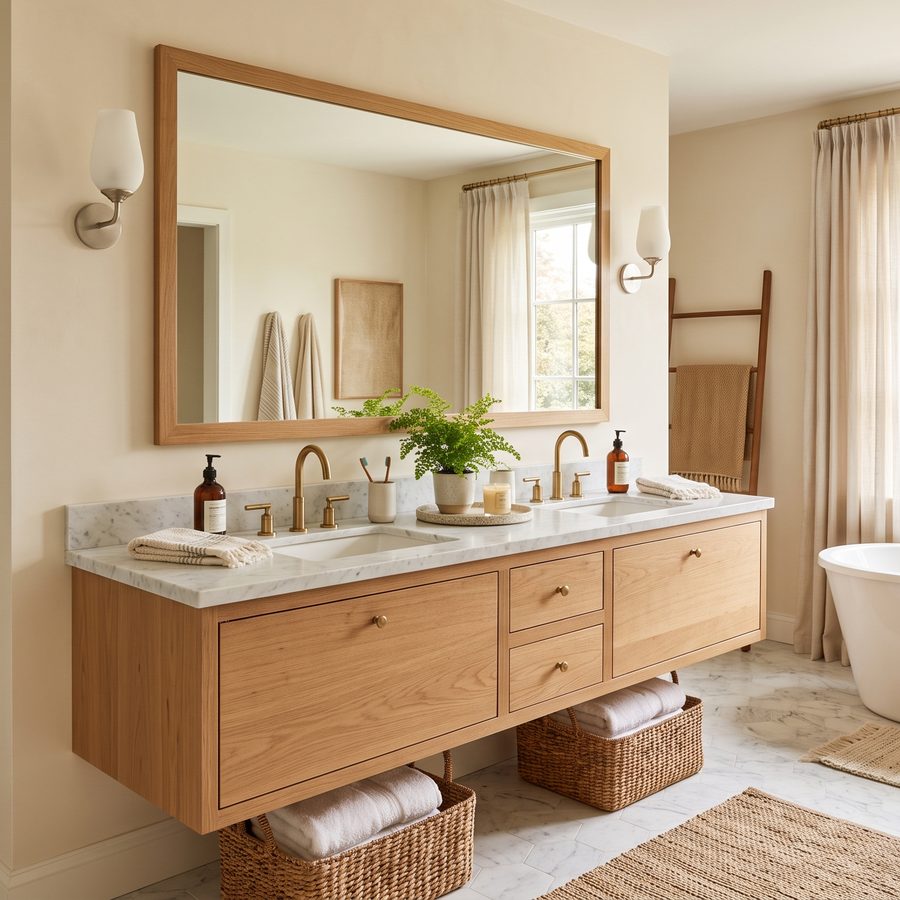 Salle de bain familiale avec meuble en bois